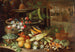 de flores, frutas y verduras con hongos junto a una fuente en el jardín de una villa - Francesco della Questa — vista de la obra