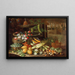 de flores, frutas y verduras con hongos junto a una fuente en el jardín de una villa - Francesco della Questa — cuadro enmarcado en la pared