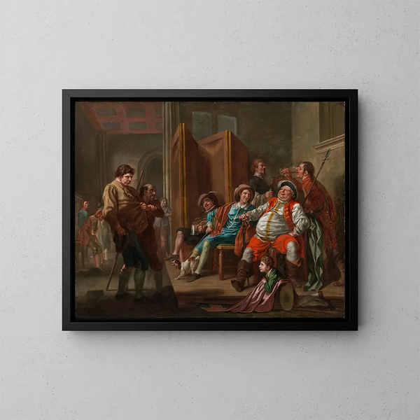 Falstaff recruta en Enrique IV, parte II, acto III - Francis Hayman — cuadro enmarcado en la pared