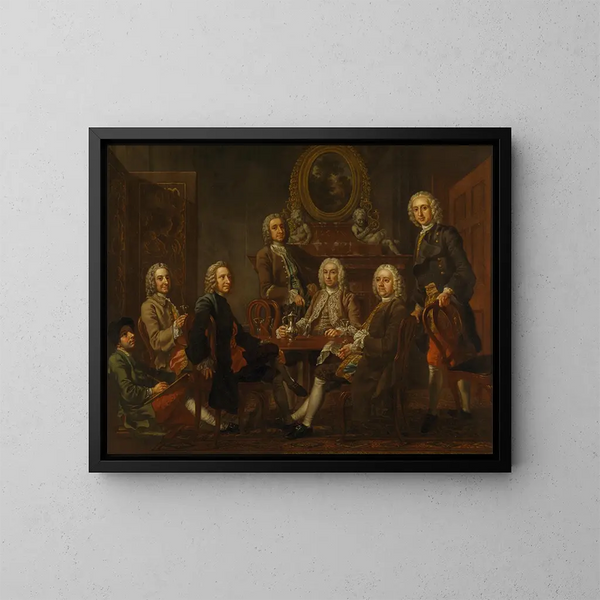 Retrato de un grupo de caballeros con el artista - Francis Hayman — cuadro enmarcado en la pared