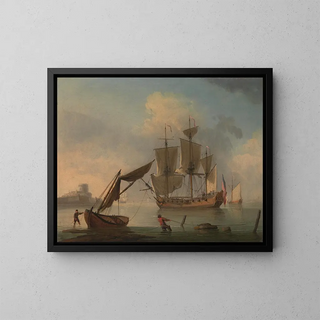 Francis Swaine - An English Sloop Becalmed near the Shore.webp