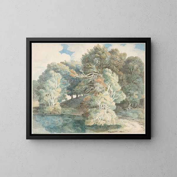 Trees by the lake Peamore Park near Exeter in Devon - Francis Towne — framed artwork on a wall