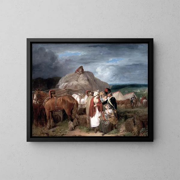 Soldado con mujeres de campo vendiendo cintas cerca de un campamento militar - Francis Wheatley — cuadro enmarcado en la pared