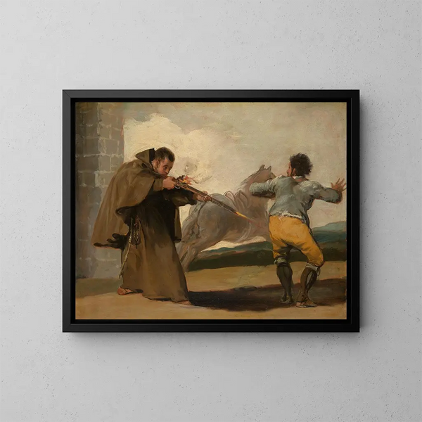 The brother Pedro shoots at El Maragato while his horse runs away - Francisco de Goya — framed artwork on a wall
