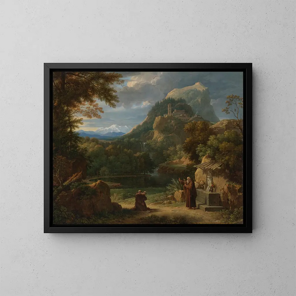 San Antonio de Padua presentando a dos novicios a unos hermanos en un paisaje montañoso - François-Xavier Fabre — cuadro enmarcado en la pared