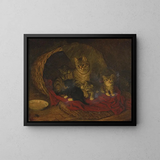 Chat y gatitos - Frank Paton — cuadro enmarcado en la pared