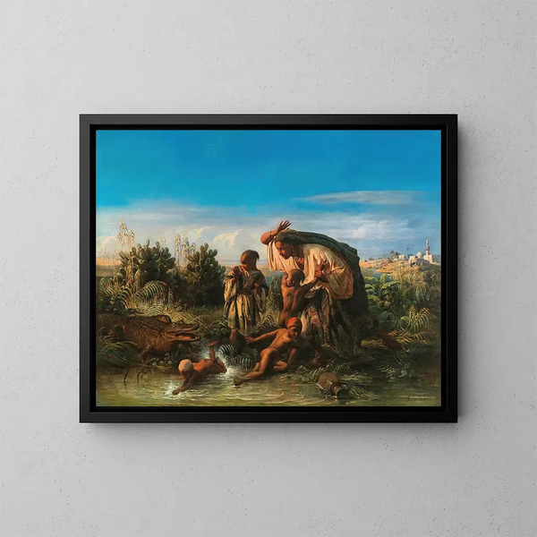 Scene on the Nile: a family is attacked by a crocodile - François-Auguste Biard — framed artwork on a wall