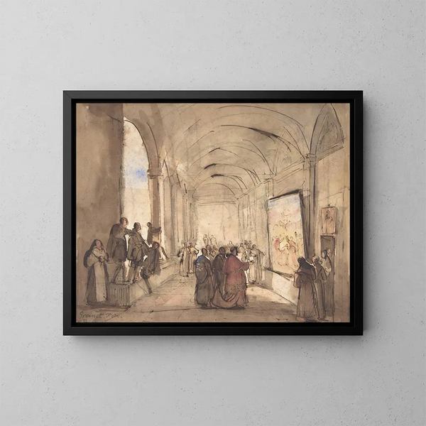 Un cardenal examinando una pintura en un claustro - François-Marius Granet — cuadro enmarcado en la pared