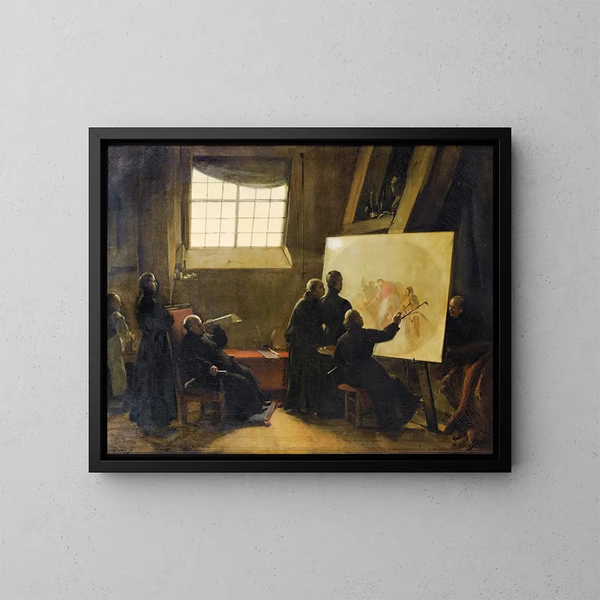 El padre Pozzo pintando en su taller rodeado de monjes de su orden - François-Marius Granet — cuadro enmarcado en la pared