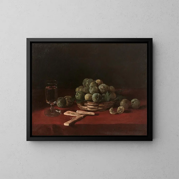 Composición en la cesta de ciruelas, con galletas y copa de vino - François Bonvin — cuadro enmarcado en la pared