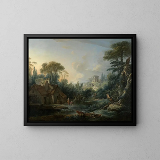 Paisaje con un molino de agua - François Boucher — cuadro enmarcado en la pared
