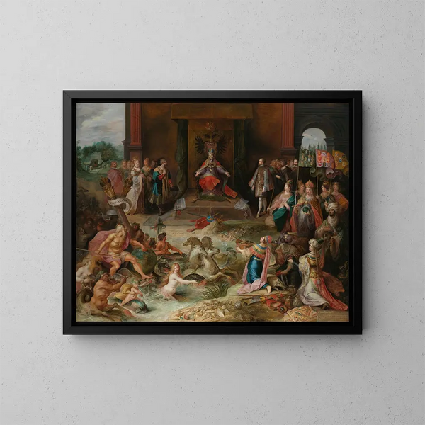 Allegory on the abdication of Emperor Charles V in Brussels - Frans Francken the Younger — framed artwork on a wall