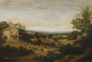 Frans Post - A Landscape In Brazil Looking Down On The Varzea Europeans And Natives Approaching A Church In The Foreground.webp