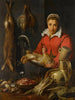un comerciante sosteniendo un gallo con caza, espárragos, alcachofas, utensilios y un cuenco de fresas silvestres - Frans Snyders — vista de la obra
