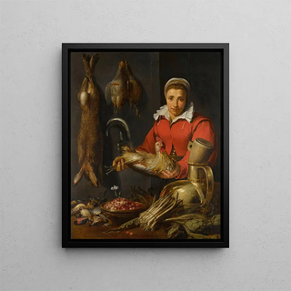 Frans Snyders - A female merchant holding a cockerel with game asparagus artichokes utensils and a bowl of wild strawberries.webp