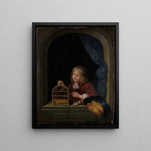 Frans van Mieris the Elder - Knabe mit Vogelkfig im Fenster.webp