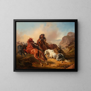 Caballos atacados por leones - Franz Adam — cuadro enmarcado en la pared