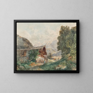Paisaje alpino con casa de campesino y mujer en el pozo - Franz Barbarini — cuadro enmarcado en la pared