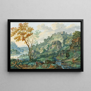 Franz Christoph Janneck - An ideal landscape with a river a fortress and horsemen.webp