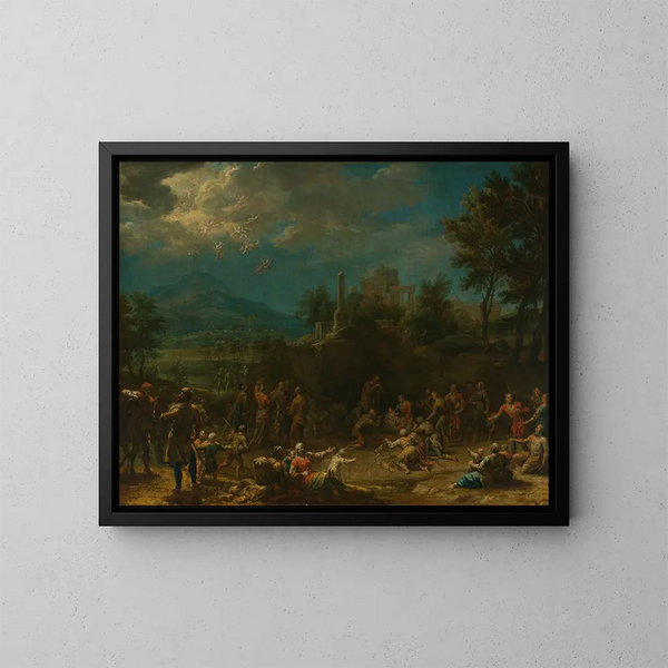 Adoración de los pastores frente a un vasto paisaje - Franz Joachim Beich — cuadro enmarcado en la pared