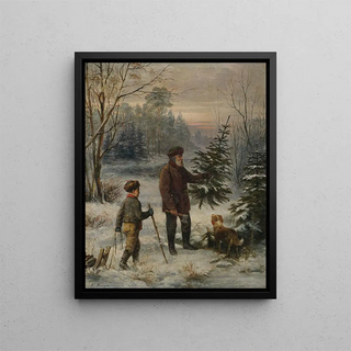 Franz Krger - Vorweihnacht Vater und Sohn schlagen im Winterwald einen Christbaum.webp