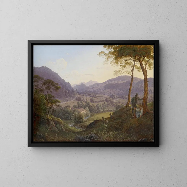 Paisaje de montaña cerca de Salzburgo con una pareja joven - Franz Ludwig Catel — cuadro enmarcado en la pared