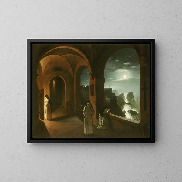 Monjas en el claustro de la Certosa con vistas a un mar iluminado por la luna hacia los Faraglioni de Capri - Franz Ludwig Catel — cuadro enmarcado en la pared