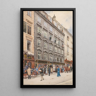 Franz Poledne - Kohlmarkt in Vienna and the Kunsthandlung Artaria carriages a post man and shopping strollers.webp