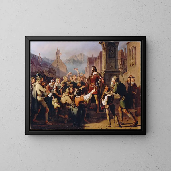 El duque Federico IV disfrazado de juglar se revela a sus fieles tyrolianos huyendo de Constanza - Franz Schams — cuadro enmarcado en la pared