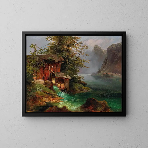Molino sobre el lago Hallstatt - Franz Steinfeld — cuadro enmarcado en la pared