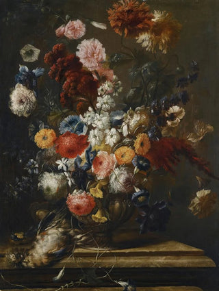 Franz Werner von Tamm - A Still Life Of Flowers In An Urn On A Marble Ledge With A Bird.webp