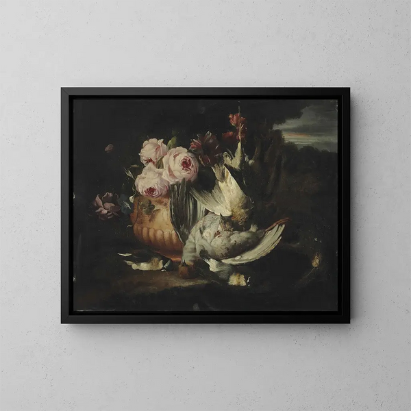 Flores en un jarrón de barro con caza muerta - Franz Werner von Tamm — cuadro enmarcado en la pared