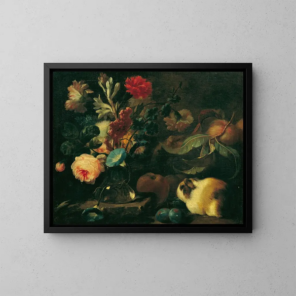 Naturaleza muerta con cerdo de guinea, flores y frutas - Franz Werner von Tamm — cuadro enmarcado en la pared