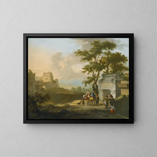 Un paisaje a la italiana con figuras cerca de ruinas clásicas - Franz de Paula Ferg — cuadro enmarcado en la pared
