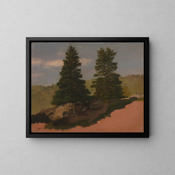 Landscape painting of New England with two pines - Frederic Edwin Church — framed artwork on a wall