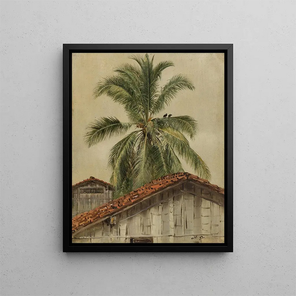 Palmiers et toits de maisons en Équateur - Frederic Edwin Church — framed artwork on a wall