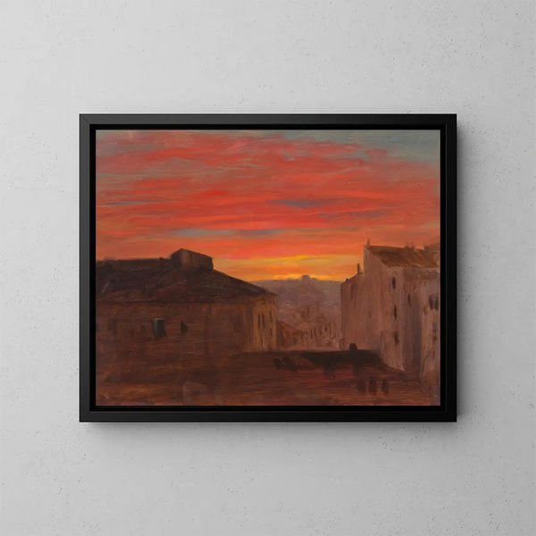 Roofs at Sunset from the Pincio, Rome - Frederic Edwin Church — framed artwork on a wall