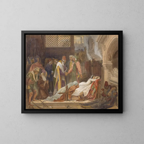 La Réconciliation des Montaigu et des Capulet - Frederic Leighton — framed artwork on a wall