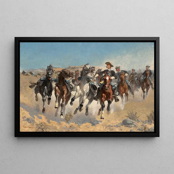 desmontado, los cuartos caballeros desplazando los caballos liderados - Frederic Remington — cuadro enmarcado en la pared
