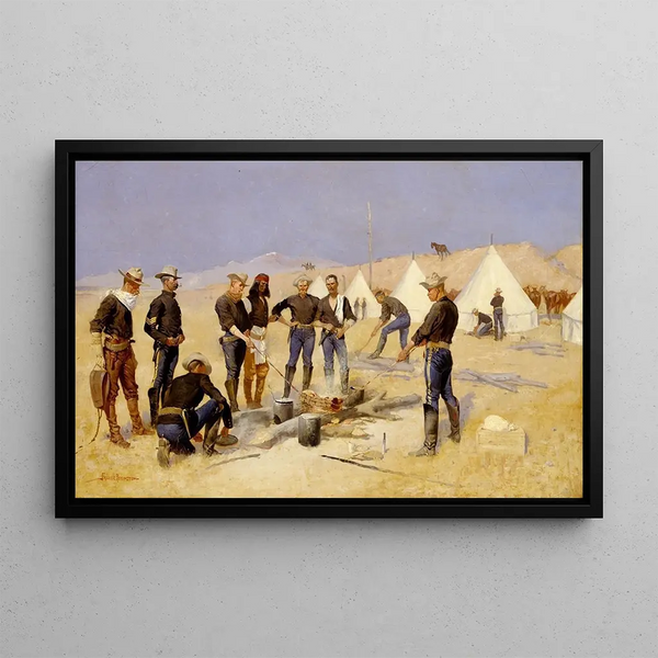 Rôtir le bœuf de Noël dans un camp de cavalerie - Frederic Remington — cuadro enmarcado en la pared
