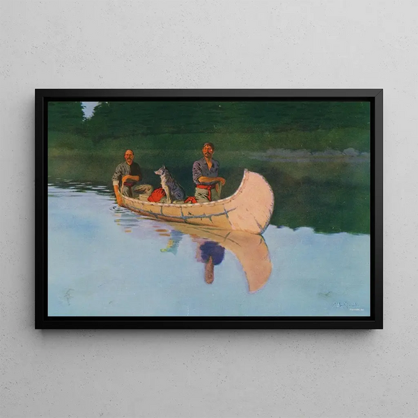 Dos hombres y un perro en un canoa - Frederic Remington — cuadro enmarcado en la pared