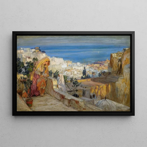 Mujeres árabes en un tejado con Argel a lo lejos - Frederick Arthur Bridgman — cuadro enmarcado en la pared