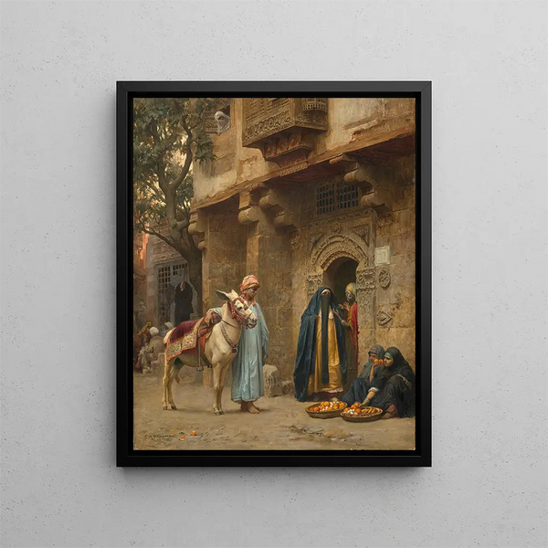 Mujeres árabes frente a una puerta - Frederick Arthur Bridgman — cuadro enmarcado en la pared