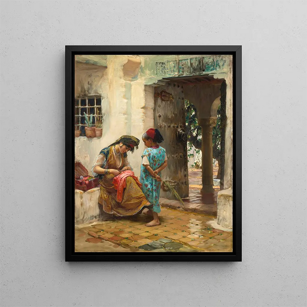 La Lección de costura - Frederick Arthur Bridgman — cuadro enmarcado en la pared