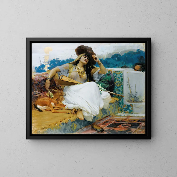 Joven mujer en una terraza - Frederick Arthur Bridgman — cuadro enmarcado en la pared