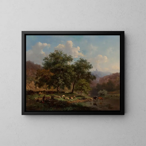 Un paisaje de verano con figuras descansando con su rebaño junto a un río donde se abrevian bovinos - Frederik Marinus Kruseman — cuadro enmarcado en la pared