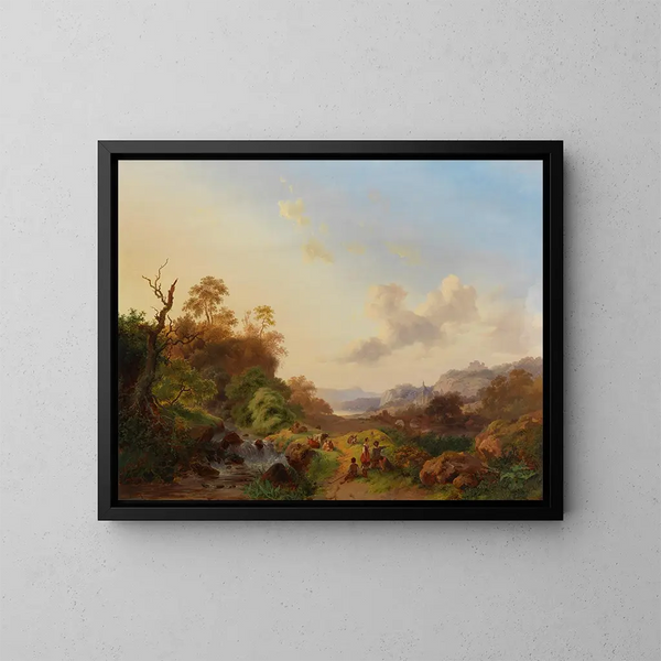 Paisaje de verano con figuras y ganado cerca de una cascada - Frederik Marinus Kruseman — cuadro enmarcado en la pared