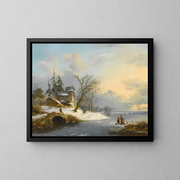Paisaje de invierno con paseantes y patinadores - Frederik Marinus Kruseman — cuadro enmarcado en la pared