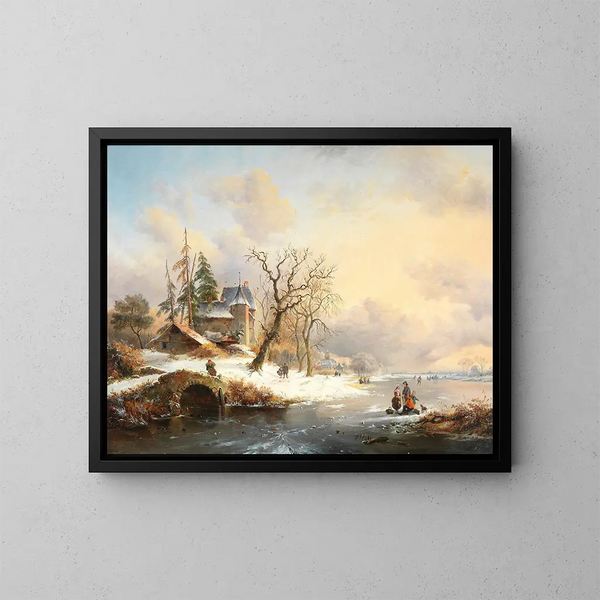Paisaje de invierno con figuras cerca de una mansión - Frederik Marinus Kruseman — cuadro enmarcado en la pared