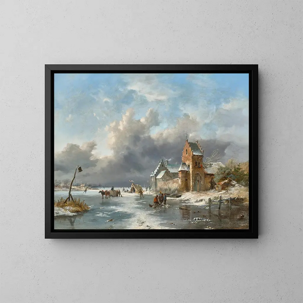 Paisaje de invierno con figuras en un río helado - Frederik Marinus Kruseman — cuadro enmarcado en la pared